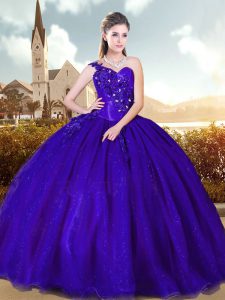 Designer Blue One Shoulder Lace Up Beading and Appliques Quinceanera Dresses Sleeveless