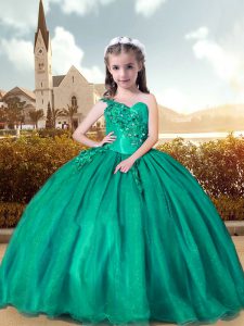 Organza One Shoulder Sleeveless Lace Up Beading and Appliques Kids Pageant Dress in Turquoise