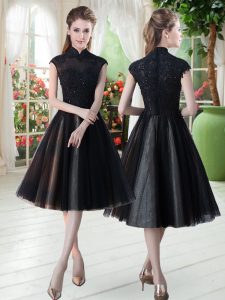 Black Cap Sleeves Beading and Lace Knee Length Evening Dress