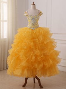 Modern Sleeveless Lace Up Floor Length Beading and Ruffled Layers Little Girls Pageant Dress