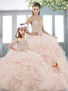 Baby Pink Ball Gowns Beading and Ruffles Sweet 16 Dress Lace Up Organza Sleeveless