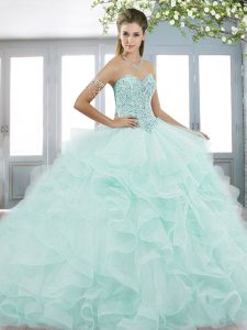 Ideal Sweetheart Sleeveless Sweet 16 Quinceanera Dress Floor Length Beading and Ruffles Turquoise Tulle