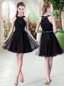 Perfect Black Scoop Zipper Belt Dress for Prom Sleeveless