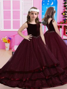 Scoop Sleeveless Pageant Gowns For Girls Sweep Train Beading Burgundy Tulle