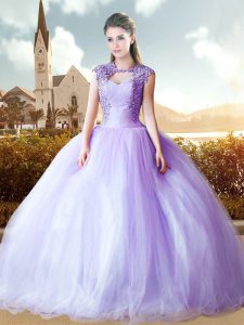 Classical Lavender Lace Up Quinceanera Gown Cap Sleeves Floor Length Beading