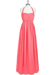 Sleeveless Floor Length Ruching Zipper Dress for Prom with Watermelon Red