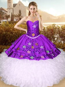 Deluxe Dark Purple and White And Purple Sweetheart Neckline Embroidery Sweet 16 Dress Sleeveless Lace Up