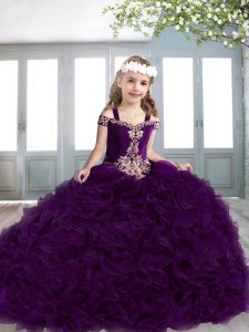 Beauteous Off The Shoulder Sleeveless Little Girl Pageant Dress Sweep Train Beading and Appliques Eggplant Purple Organz