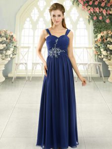Blue Spaghetti Straps Neckline Beading and Ruching Prom Party Dress Sleeveless Lace Up