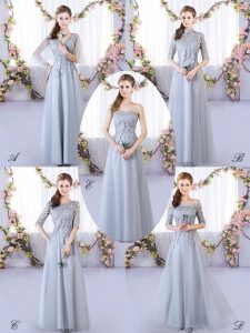 Luxurious Tulle V-neck Sleeveless Lace Up Appliques Bridesmaid Gown in Grey