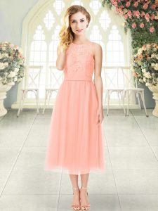 Classical Peach Scoop Zipper Lace Prom Dresses Sleeveless