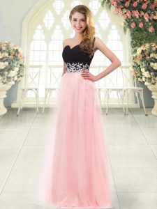 Floor Length Baby Pink Prom Party Dress Tulle Sleeveless Appliques