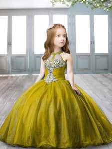 Halter Top Sleeveless Lace Up Little Girl Pageant Dress Olive Green Organza