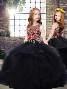 Black Tulle Zipper Pageant Gowns For Girls Sleeveless Floor Length Embroidery and Ruffles