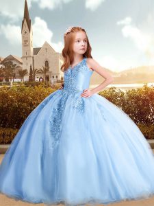 Light Blue V-neck Lace Up Beading and Appliques Pageant Gowns For Girls Sleeveless