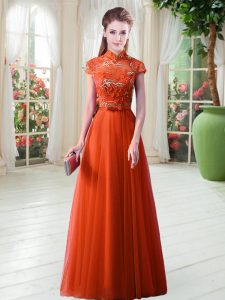 Beauteous Orange Red Cap Sleeves Floor Length Appliques Lace Up Evening Dress