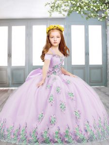 Lilac Ball Gowns Appliques and Bowknot Little Girls Pageant Dress Lace Up Tulle Short Sleeves Floor Length