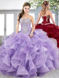 Eye-catching Sleeveless Floor Length Beading and Embroidery and Ruffles Lace Up Sweet 16 Dresses with Lavender