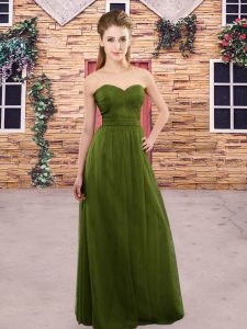 Smart Olive Green A-line Tulle Sweetheart Sleeveless Ruching Floor Length Zipper Damas Dress