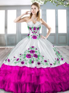 Sleeveless Organza Floor Length Lace Up Sweet 16 Quinceanera Dress in Fuchsia with Beading and Embroidery and Ruffled La