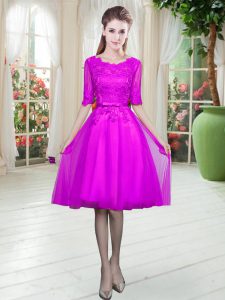 Fuchsia Lace Up Prom Gown Lace Half Sleeves Knee Length