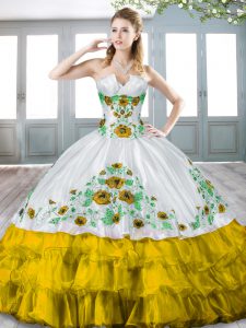 Floor Length Lace Up Quinceanera Dress Gold for Military Ball and Sweet 16 and Quinceanera with Beading and Embroidery a