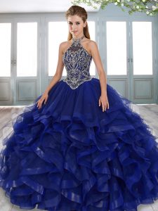 Super Royal Blue Ball Gowns Halter Top Sleeveless Tulle Floor Length Lace Up Beading and Ruffled Layers Ball Gown Prom D
