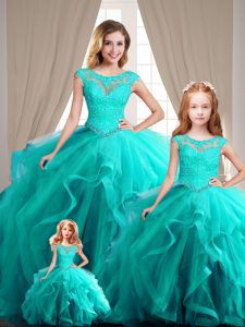 Comfortable Ball Gowns Quinceanera Gowns Aqua Blue Scoop Cap Sleeves Lace Up