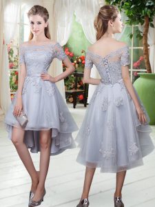 New Style Grey Lace Up Evening Dress Appliques Short Sleeves High Low