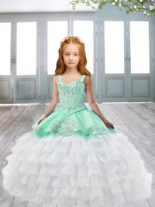 Custom Designed Sleeveless Appliques and Ruffled Layers Lace Up Custom Made Pageant Dress with Light Blue Sweep Train