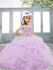 Lilac Tulle Lace Up Little Girl Pageant Dress Sleeveless Floor Length Beading and Ruffles