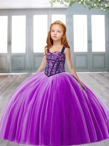 Straps Sleeveless Child Pageant Dress Brush Train Embroidery Purple Tulle