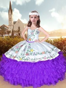 White And Purple Lace Up Little Girl Pageant Gowns Embroidery and Ruffles Sleeveless Floor Length