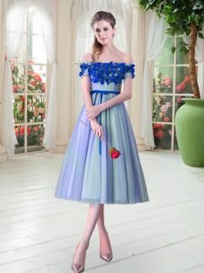 Popular Blue Lace Up Off The Shoulder Appliques Prom Dress Tulle Sleeveless