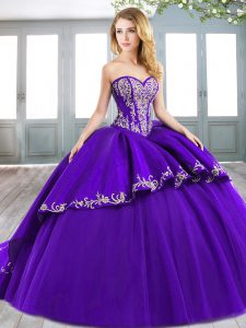 Purple Sleeveless Sweep Train Beading and Embroidery Quinceanera Dress