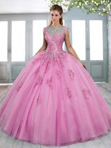 Eye-catching Rose Pink Tulle Lace Up Scoop Sleeveless Vestidos de Quinceanera Sweep Train Beading and Appliques