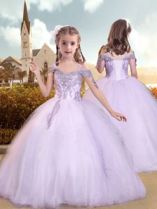 Low Price Tulle Sleeveless Floor Length Little Girls Pageant Dress Wholesale and Beading and Appliques