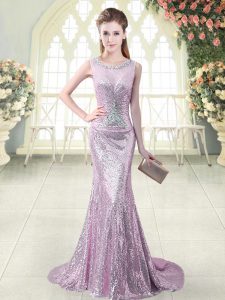 Nice Lilac Sequined Zipper Scoop Sleeveless Prom Dress Brush Train Beading and Sequins