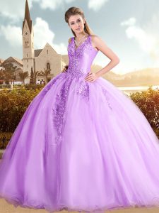 New Style Lilac Ball Gowns Organza Straps Sleeveless Beading and Lace Lace Up Vestidos de Quinceanera Sweep Train