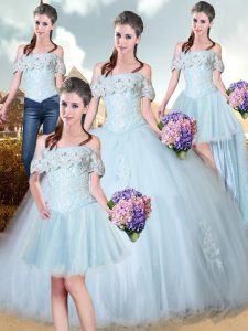 Excellent Light Blue Ball Gowns Tulle Off The Shoulder Sleeveless Beading and Lace and Appliques Floor Length Lace Up Qu