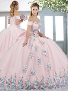 Flare Ball Gowns Sweet 16 Dresses Baby Pink Off The Shoulder Tulle Short Sleeves Floor Length Lace Up