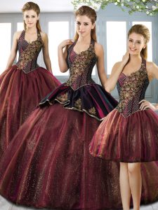 Delicate Burgundy Three Pieces Tulle Halter Top Sleeveless Beading and Appliques Floor Length Lace Up Quinceanera Gowns