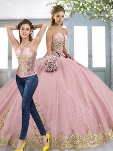 Baby Pink Lace Up Sweet 16 Quinceanera Dress Beading and Appliques Sleeveless Sweep Train