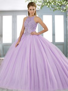 Fantastic Lavender Sleeveless Tulle Sweep Train Lace Up Quinceanera Gown for Military Ball and Sweet 16 and Quinceanera