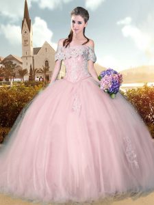 Exquisite Off The Shoulder Sleeveless Lace Up Sweet 16 Dress Pink Tulle