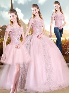 Sleeveless Beading Lace Up Ball Gown Prom Dress with Pink Sweep Train