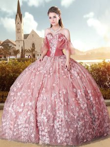 Exceptional Floor Length Lace Up Sweet 16 Quinceanera Dress Pink for Military Ball and Sweet 16 and Quinceanera with App