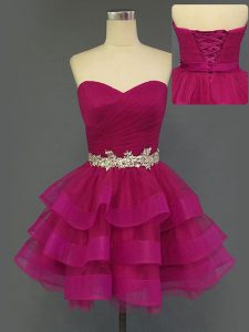 Hot Sale Fuchsia A-line Beading and Ruffled Layers and Ruching Prom Gown Lace Up Tulle Sleeveless Mini Length