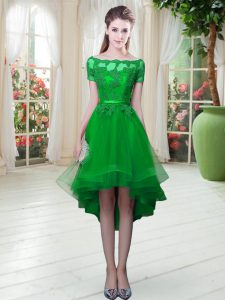 Elegant Green Short Sleeves High Low Appliques Lace Up Prom Evening Gown
