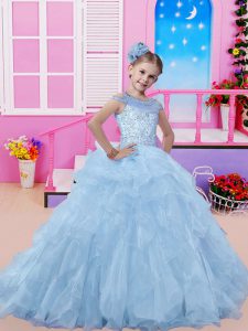 Lace Up Pageant Dress Womens Blue for Party and Wedding Party with Beading and Ruffles Sweep Train